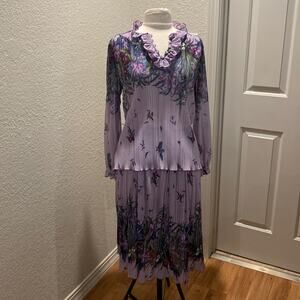 Plaza Square Vintage 2 Piece Skirt Set Purple Floral Pleated Ruffles EUC L/XL